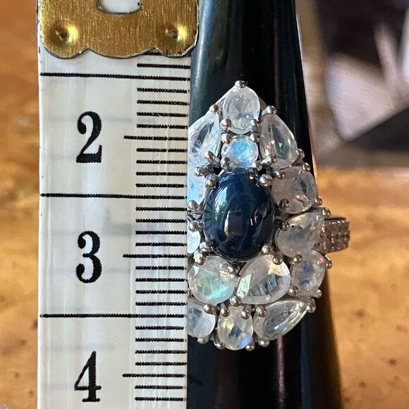 Blue Star Sapphire Rainbow Moonstone Sterling Silver Cocktail Ring Size 7 - Picture 7 of 9
